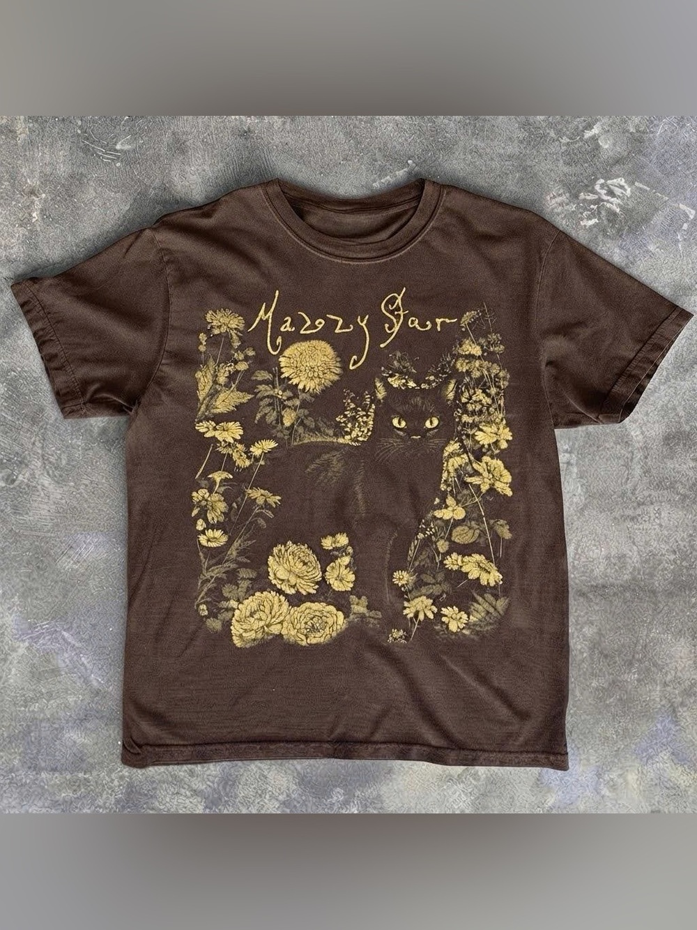 Vintage Mazzy Star Black Cat Floral Graphic Tee Brown Botanical Gothic Style